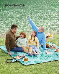 SONGMICS XXL Vízlepergető Piknik Takaró 200x200cm - Páfrány Mintás, Kék, Mosható 2