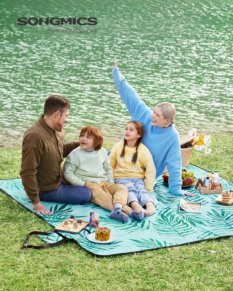 SONGMICS XXL Vízlepergető Piknik Takaró 200x200cm - Páfrány Mintás, Kék, Mosható