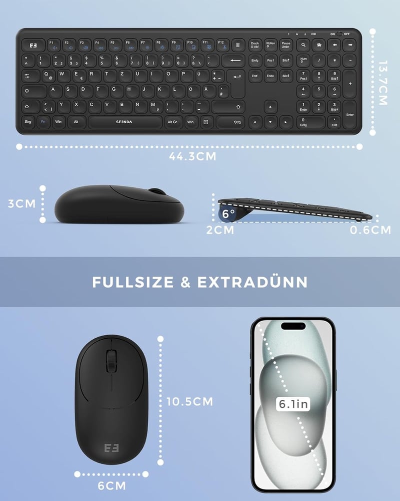 Seenda ultravékony vezeték nélküli billentyűzet és egér szett, QWERTZ, csendes, fekete