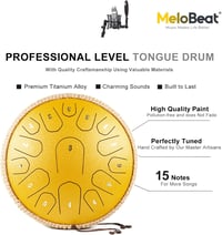 MeloBeat Tongue Drum 33 cm 15 Hangú - Professzionális Acél Handpan D-dúrban, Dalkönyvvel, Ütőkkel és Hordtáskával, Arany Színben 3