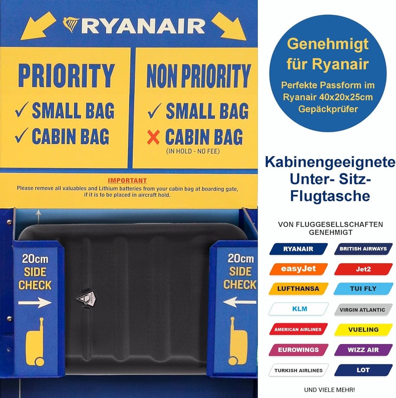 Aerolite Ryanair Priority Kemény Héjú Bőrönd Szett, Könnyű, Környezetbarát, 2 Kerekes Kabinbőrönd, 55x40x20cm + 40x20x25cm, Fekete - Black