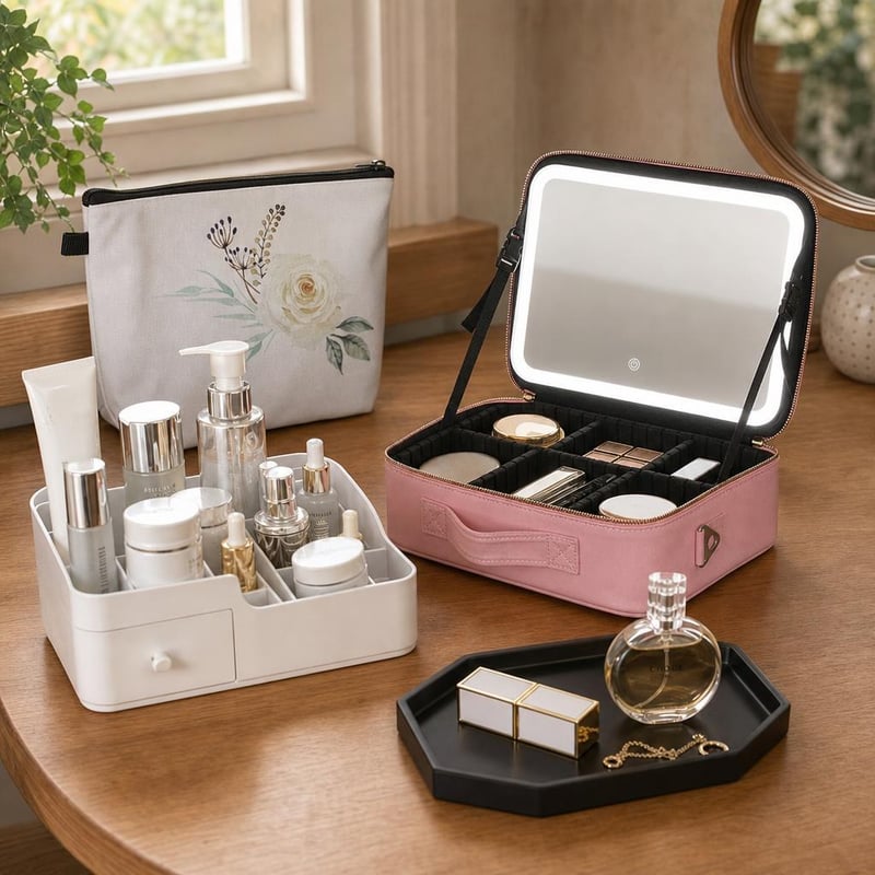 Set za savršen make-up stol: kozmetička torbica + organizator + pladanj + ogledalo s LED svjetlom
