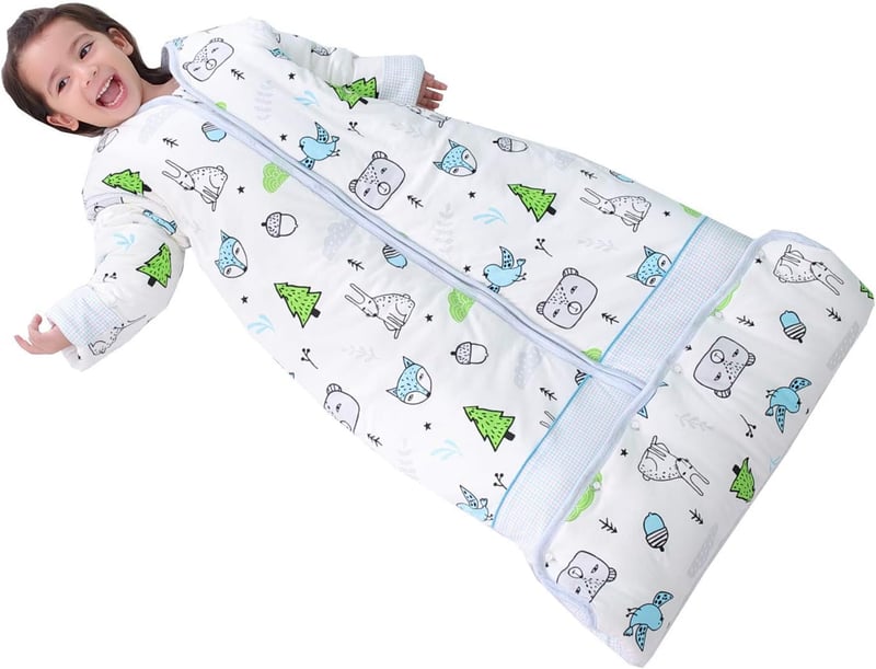 Chilsuessy 2.5 Tog Téli Gyermek Hálózsák Levehető Ujjakkal, Pamut Babahálózsák Fiúknak és Lányoknak 1-10 Éves Korig, Kék Erdei Mintával