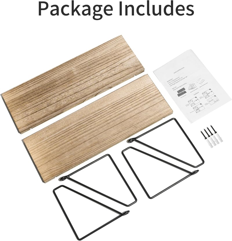 Afuly Rusztikus Fali Polc Szett - Natúr Fa és Fekete Fém Kombinációja - 2 db Könnyű Polc Fürdőszobába, Nappaliba, Konyhába - 40x15,5 cm