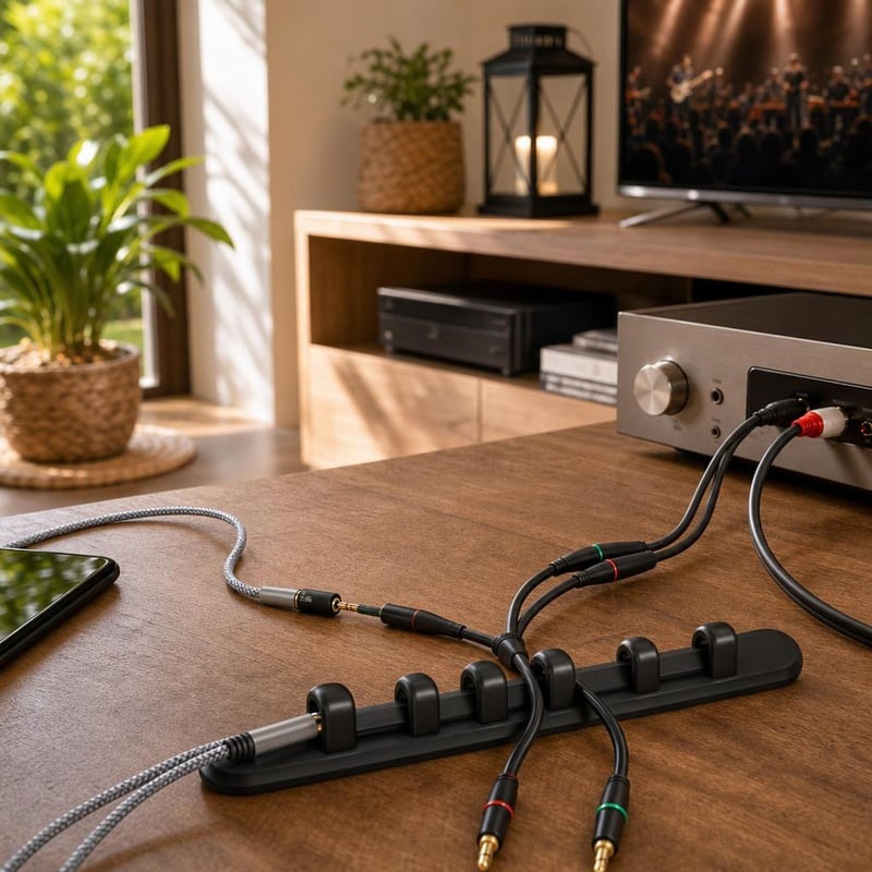 Autós hanghíd csomag: jack adapter + Y-elosztó + AUX kábel + RCA kábel + kábelvezető