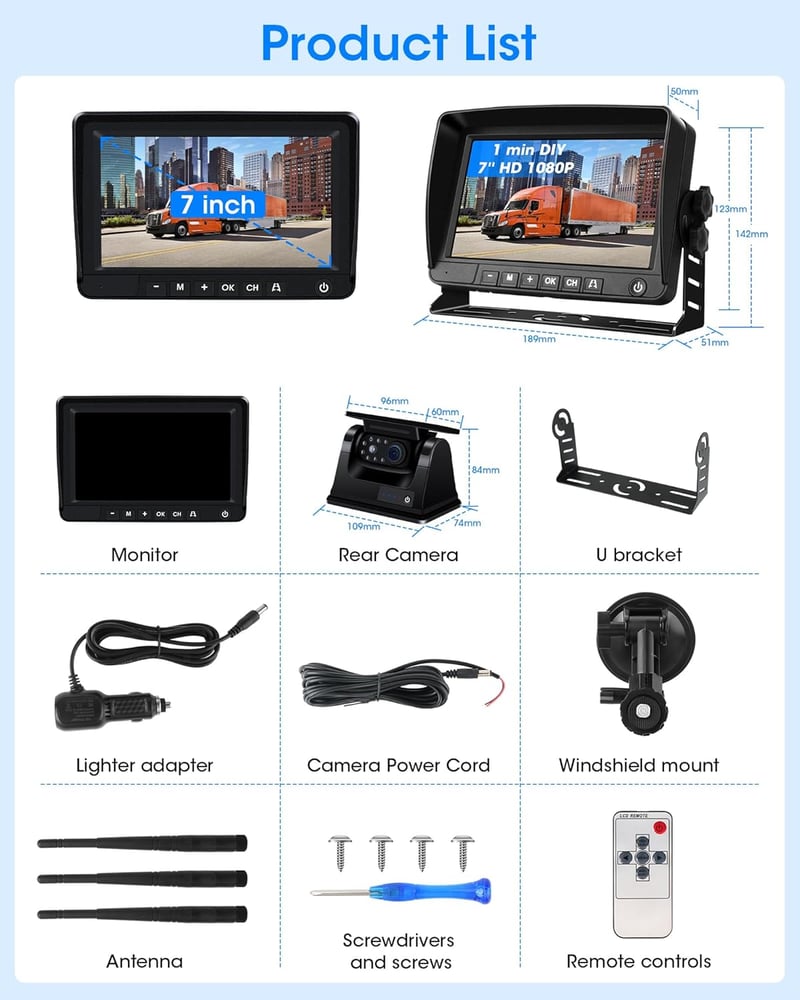 Jansite Mágneses Napelemes Tolatókamera 1080P Vezeték Nélküli 9600 mAh Akkumulátorral, 7 Colos Monitorral - Fúrás Nélkül Telepíthető Autóhoz