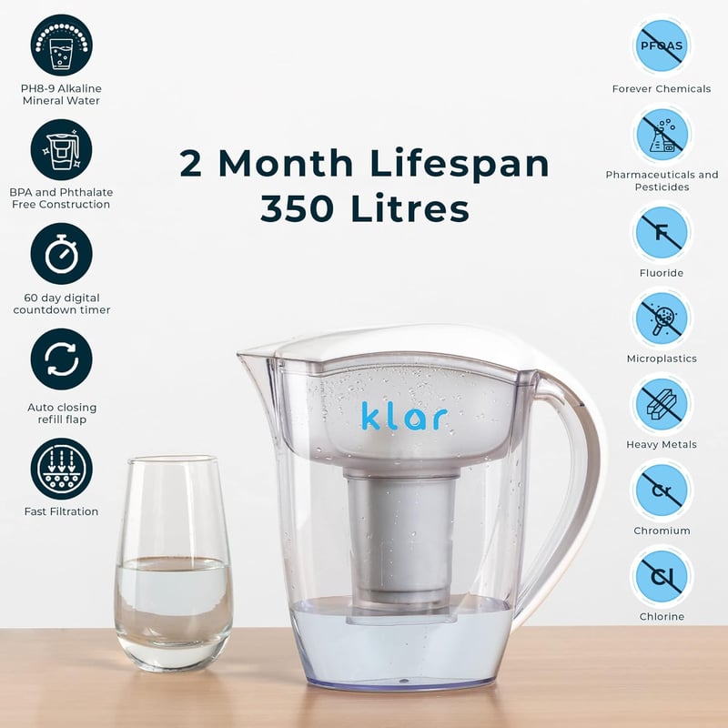 Klar Water 3,5 literes vízszűrő kancsó - Fluorid, ólom és mikroműanyag szűrő - Lúgos pH értékű ivóvíz - BPA-mentes vízszűrő rendszer