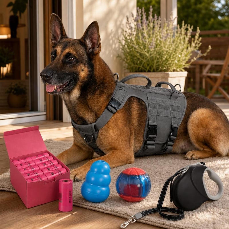 Set plimbare câini: Ham XL + Lesă 8m + Minge LED + Jucărie XL + 600 saci + Perie dublă