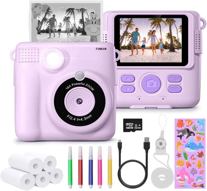 FUNKAM Gyerek Instant Fényképezőgép 1080P, 2,4" Kijelző, Nyomtatópapírral és 32GB Kártyával, 3-12 Éveseknek