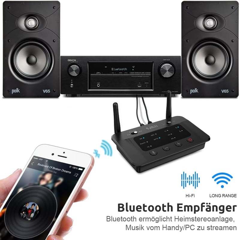 1Mii B03 Bluetooth 5.3 adó-vevő TV-hez, aptX HD alacsony késleltetésű adapter 2 fejhallgatóhoz, nagy hatótávolság, optikai/AUX/RCA csatlakoz
