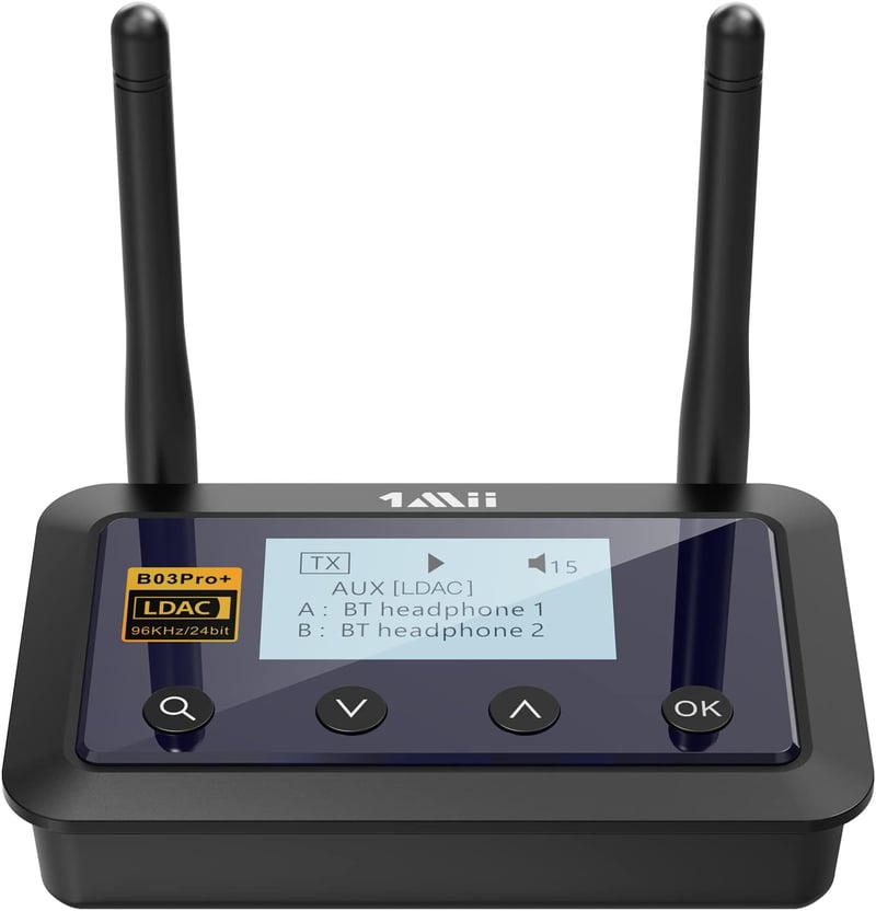 1Mii B03Pro+ Bluetooth 5.3 adó-vevő OLED kijelzővel, LDAC aptX HD, optikai RCA AUX csatlakozás
