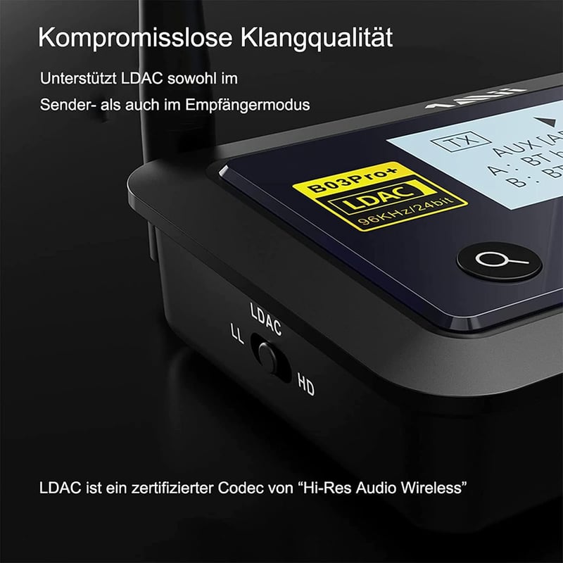 1Mii B03Pro+ Bluetooth 5.3 adó-vevő OLED kijelzővel, LDAC aptX HD, optikai RCA AUX csatlakozás