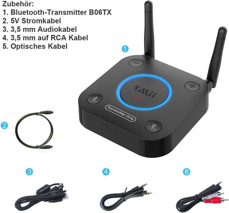 1Mii B06TX Bluetooth 5.2 adó TV-hez aptX HD és alacsony késleltetéssel, 2 fejhallgatóhoz