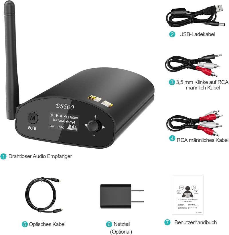 1Mii DS500 HiFi Bluetooth 5.1 Vevő Sztereó Rendszerhez - LDAC, aptX HD, Audiofil DAC, OLED Kijelző, Optikai/Koaxiális/RCA Kimenet Erősítőkhö