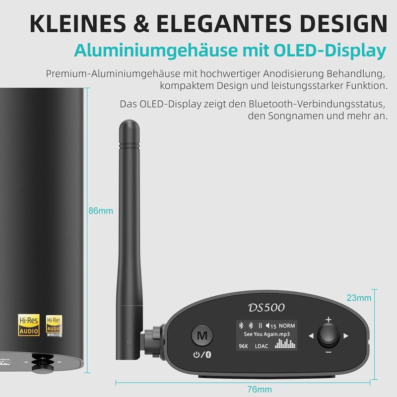 1Mii DS500 HiFi Bluetooth 5.1 Vevő Sztereó Rendszerhez - LDAC, aptX HD, Audiofil DAC, OLED Kijelző, Optikai/Koaxiális/RCA Kimenet Erősítőkhö