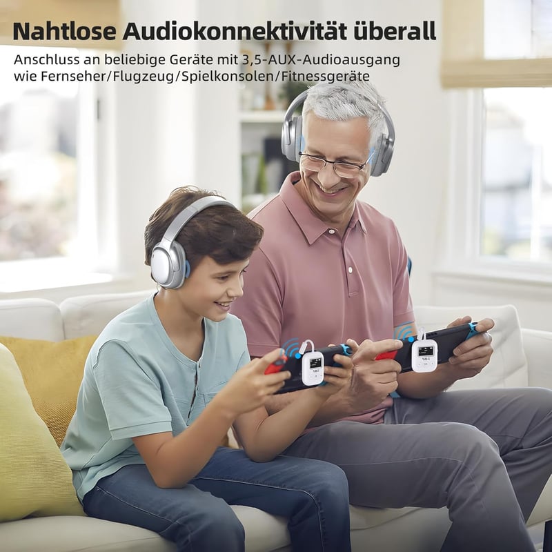 1Mii SafeFly Min Bluetooth 5.3 Adó Fejhallgatókhoz - Kettős Csatlakozás, OLED Kijelző, 25 Órás Üzemidő, AptX Alacsony Késleltetés, Repülőgép