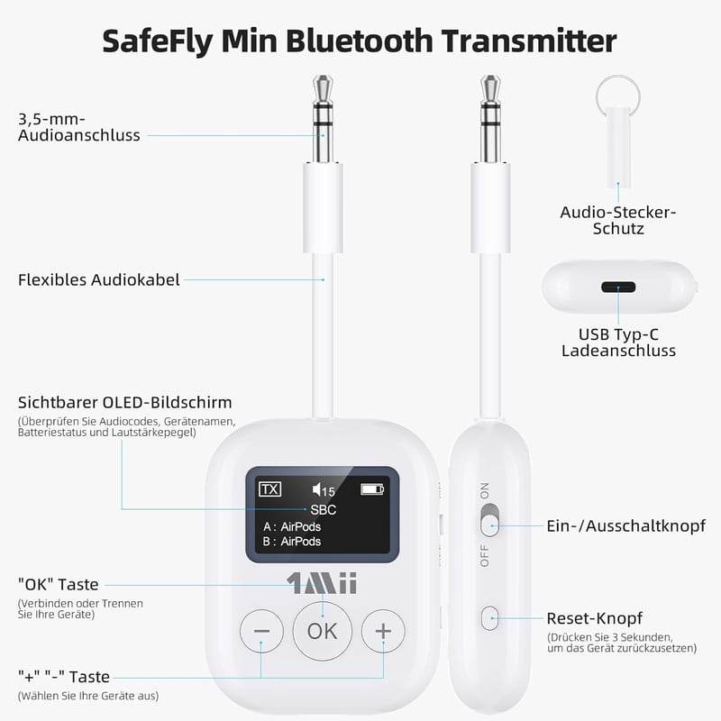 1Mii SafeFly Min Bluetooth 5.3 Adó Fejhallgatókhoz - Kettős Csatlakozás, OLED Kijelző, 25 Órás Üzemidő, AptX Alacsony Késleltetés, Repülőgép