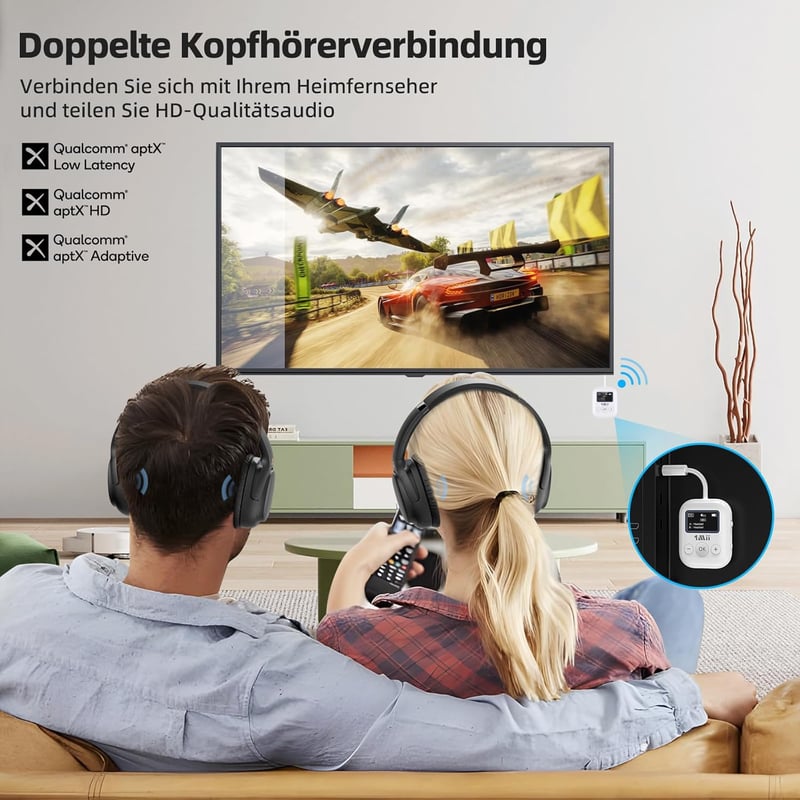 1Mii SafeFly Min Bluetooth 5.3 Adó Fejhallgatókhoz - Kettős Csatlakozás, OLED Kijelző, 25 Órás Üzemidő, AptX Alacsony Késleltetés, Repülőgép
