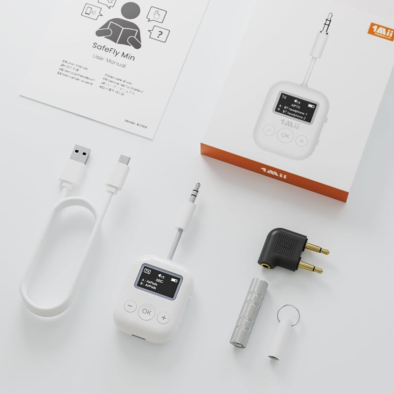 1Mii SafeFly Min Bluetooth 5.3 Adó Fejhallgatókhoz - Kettős Csatlakozás, OLED Kijelző, 25 Órás Üzemidő, AptX Alacsony Késleltetés, Repülőgép