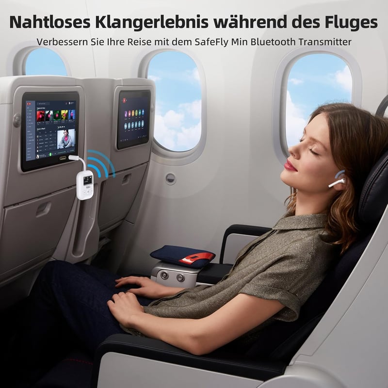1Mii SafeFly Min Bluetooth 5.3 Adó Fejhallgatókhoz - Kettős Csatlakozás, OLED Kijelző, 25 Órás Üzemidő, AptX Alacsony Késleltetés, Repülőgép