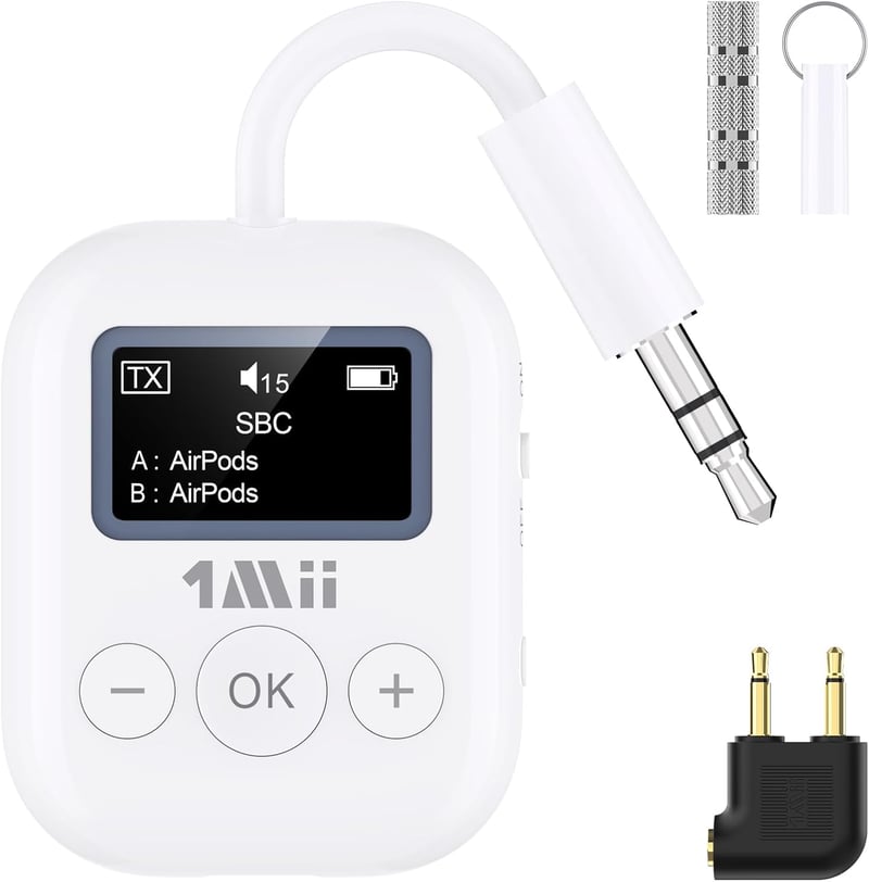1Mii SafeFly Min Bluetooth 5.3 Adó Fejhallgatókhoz - Kettős Csatlakozás, OLED Kijelző, 25 Órás Üzemidő, AptX Alacsony Késleltetés, Repülőgép