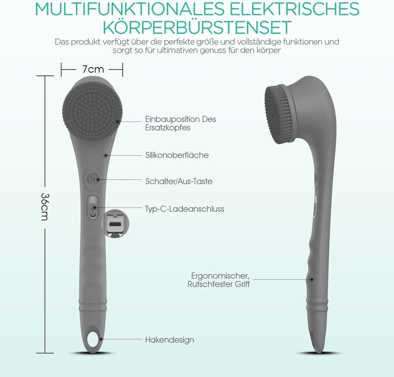 VOYOR elektromos hátsúroló kefe, vízálló, USB-tölthető, szürke