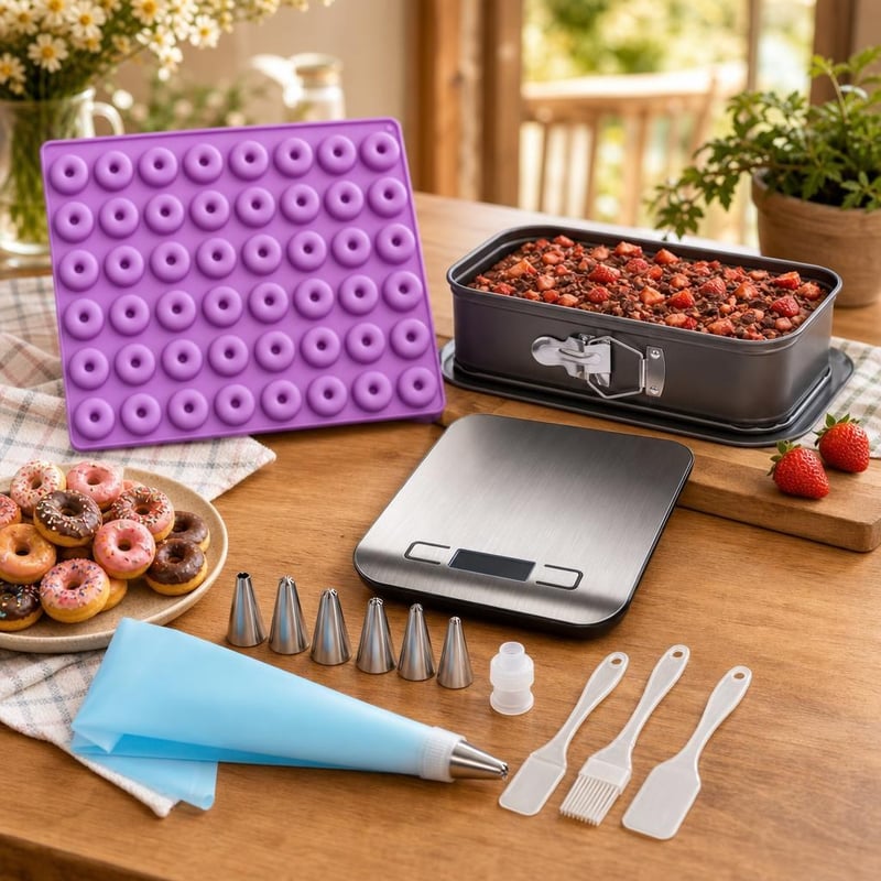 Set za pečenje slastica: 48 mini kalupa + pravokutni kalup + 3 špatule + 8 nastavaka za ukrašavanje + vaga