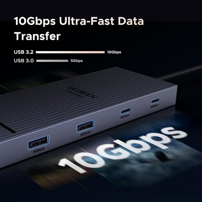 UGREEN Revodok Pro USB C Hub 10Gbps - Kettős 4K@60Hz HDMI, Ethernet, 100W PD Töltés, SD/TF Kártyaolvasó, USB 3.2 Portok, Fekete Dokkoló Állo