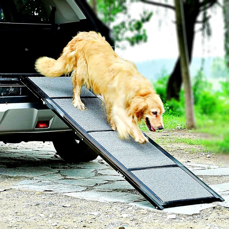 BestVida Összecsukható Kutya Rámpa (160x44cm) - Autóba, SUV-ba, Terepjáróba - Csúszásgátló Szőnyegfelülettel, Könnyű Alumínium Szerkezet, Ex