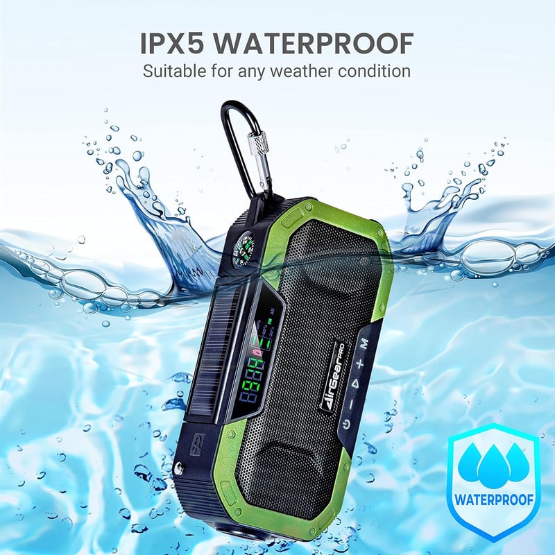 AirGearPro Bluetooth Kurblis Rádió Napelemes Powerbank-kal és LED Lámpával - Vízálló Túrarádió