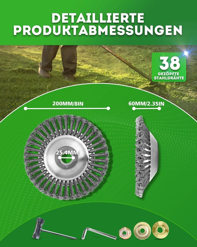 LADAMI Gyomtalanító Drótkefe 200x25,4mm - Univerzális Fűkaszához, Bozótvágóhoz, 38 Fonott Acélszál, Kompatibilis Husqvarna, Dolmar, Echo Gép - 38 Stränge