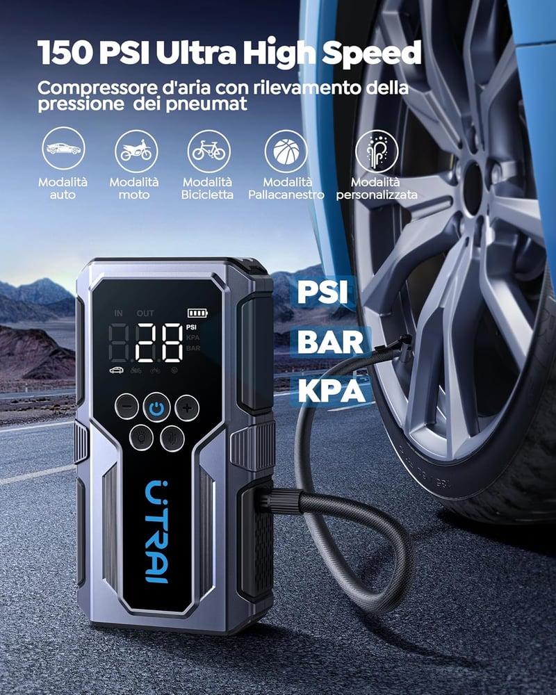 UTRAI 4000A Autós Bikázó Készülék 150PSI Kompresszorral - Gyorstöltés 3.0, 8.5L Benzin/6.5L Dízel Járművekhez, Beépített LED Lámpával