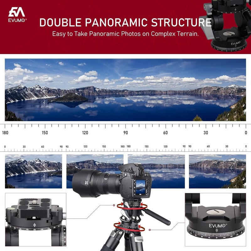 EVUMO Dupla Panoráma Állványfej - 360° Forgó Videófej Kamerákhoz, 8 kg Teherbírás, Arca-Swiss Kompatibilis, DSLR, Okostelefon, Alumínium, 52