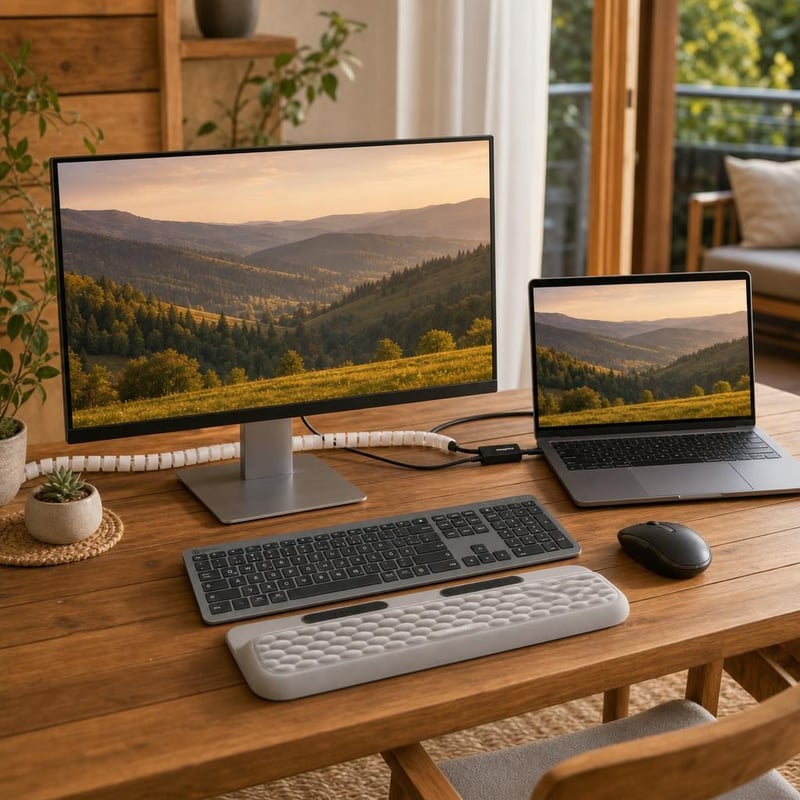 Munkasarok-frissítő: USB-C–DisplayPort kábel + billentyűzet-egér + csuklótámasz + kábelrendező