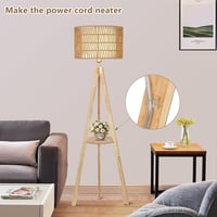 Rayofly Fa Állólámpa Polccal - Vintage Rattan és Lenvászon Lámpaernyővel, Tripod Állvánnyal, Bohém Stílusú Világítás Nappaliba, Hálószobába, 7
