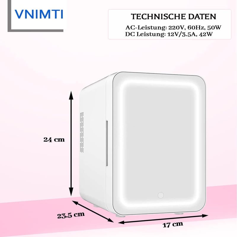 VNIMTI 4 literes hordozható kozmetikai hűtő LED tükörrel, autóba és otthonra - fehér