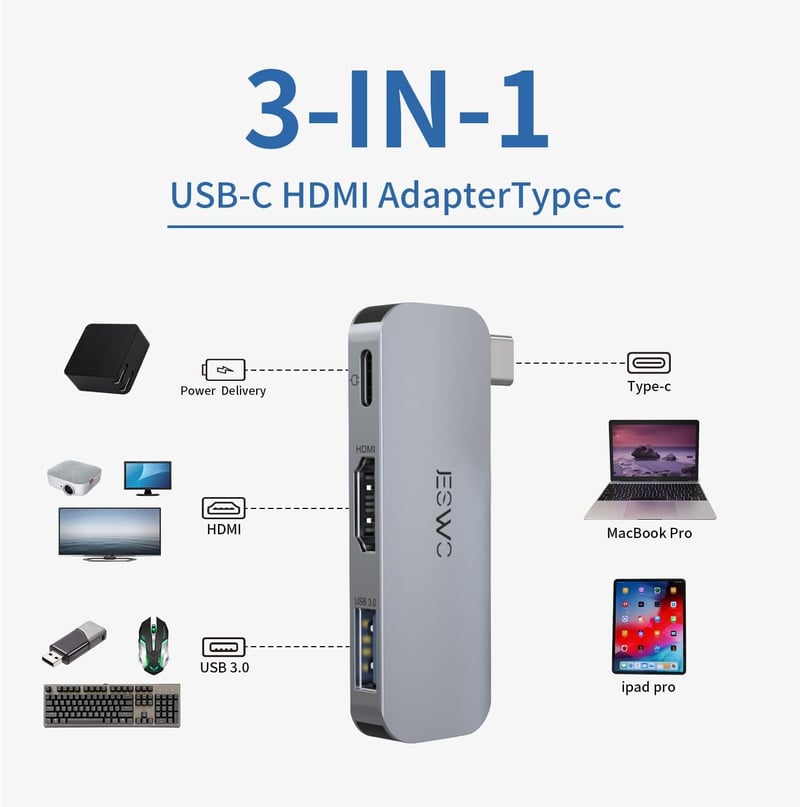 JESWO 3 az 1-ben USB-C Hub 4K HDMI-vel és PD töltéssel, Windows/Mac/iPad kompatibilis