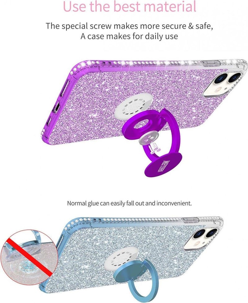iPhone 12 Mini Lila Glitteres Gyűrűs Tok - Csillogó Lányos Szilikon Védőtok