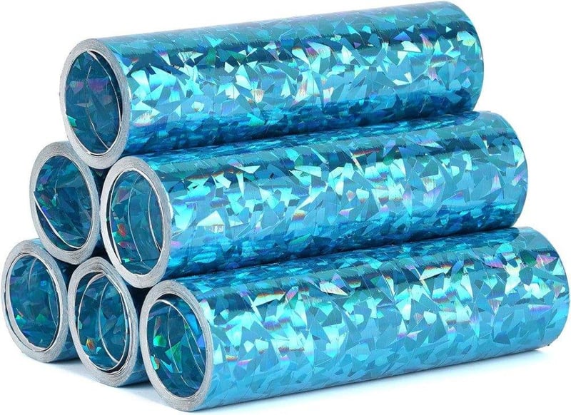 Kék Holografikus Csillámos Szalagok és Konfetti Szett - 6 Tekercses Metál Dekoráció