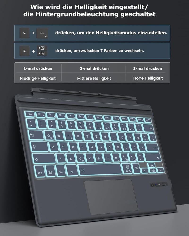 MoKo Német Bluetooth Billentyűzet Microsoft Surface Pro 7/6/5/4/3 Készülékekhez - QWERTZ Kiosztás, Érintőpad, 7 Színű Háttérvilágítás, Újrat