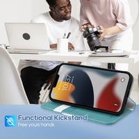 iPhone 13 Kék-Zöld Bőrhatású Mágneses Pénztárcatokja Kártyatartóval 4