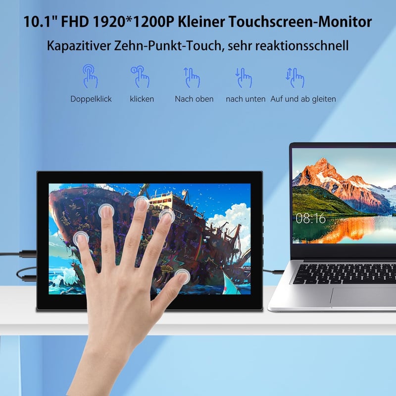 Pisichen Hordozható Monitor 10.1 Hüvelyk Érintőképernyő Full HD 1920x1200 IPS HDMI USB-C PC Laptop PS4 PS5 Xbox