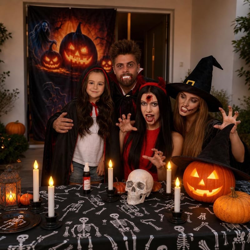 Pachet Halloween Horror: 1x pelerină + 1x spray sânge + 1x decor ușă + 1x set masă + 6x lumânări LED