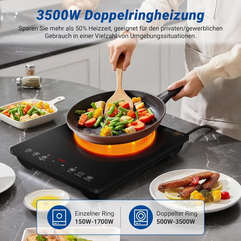 AMZCHEF Egyzónás Indukciós Főzőlap 3500W - Dupla Körös, 9 Fokozatú, Fekete Üvegkerámia, Időzítővel és Túlmelegedés Elleni Védelemmel