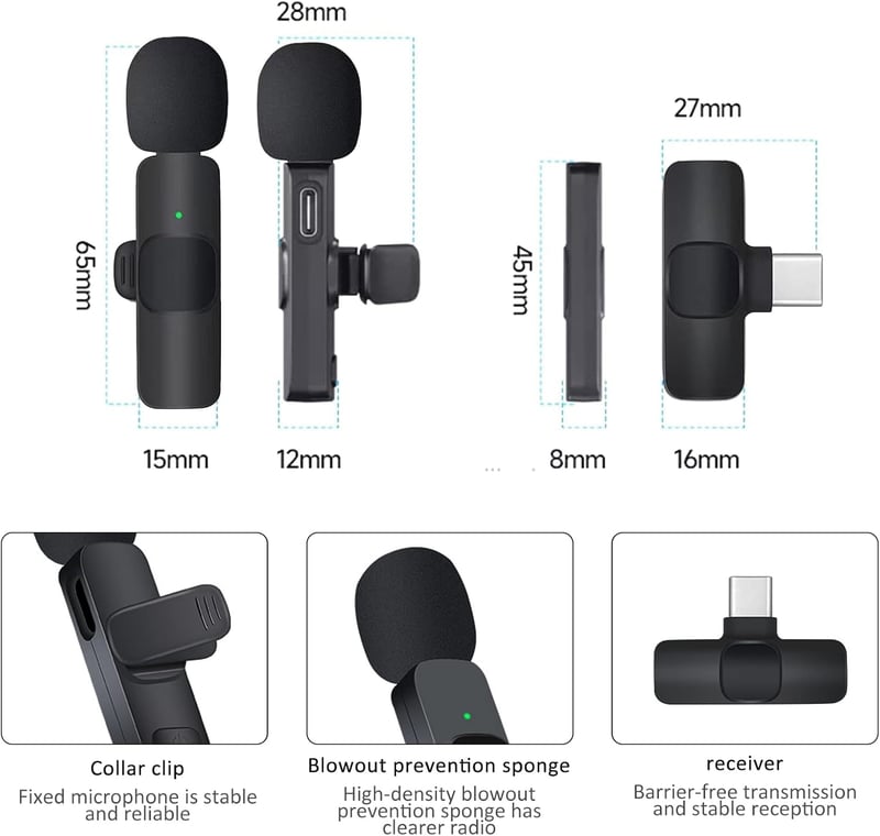 Zebbyee 2 az 1-ben vezeték nélküli csíptetős mikrofon Type-C/Android, zajszűrős, vlogokhoz, fekete
