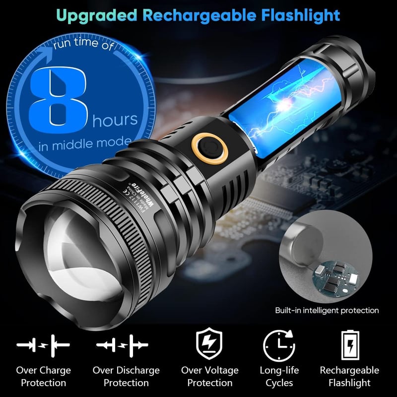XHP90 LED zseblámpa, 90000 lumen, USB tölthető, vízálló, 5 üzemmód, 4800mAh akku