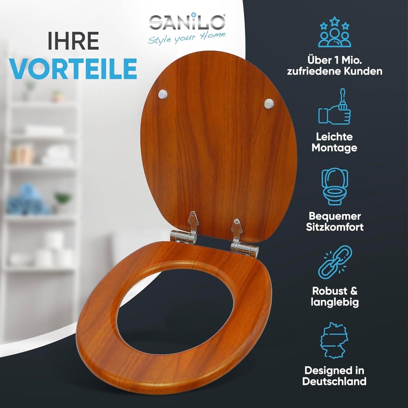 Sanilo Mahagóni Fa WC Ülőke Soft Close Funkcióval - Stabil, Minőségi Téglalap Alakú Toalett Tető Lassú Záródással, 3 kg, Szerelési Anyaggal