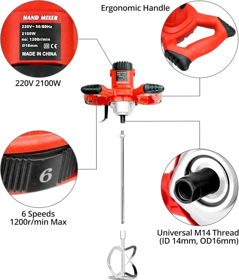 QWORK 2100W-os 6 sebességes keverőgép festékhez, vakolathoz - M14 menettel