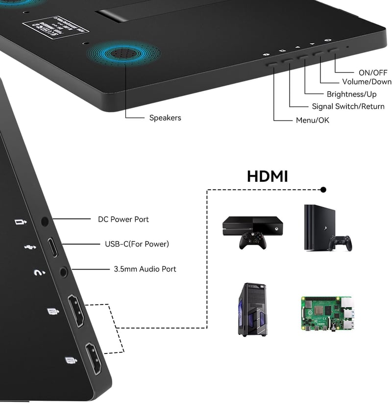 Pisichen 10.1" Hordozható Monitor - Full HD 1920x1200 IPS Kijelző, HDMI és USB-C Csatlakozás, Beépített Hangszórók, Laptop, PC, PS4/5, Xbox 