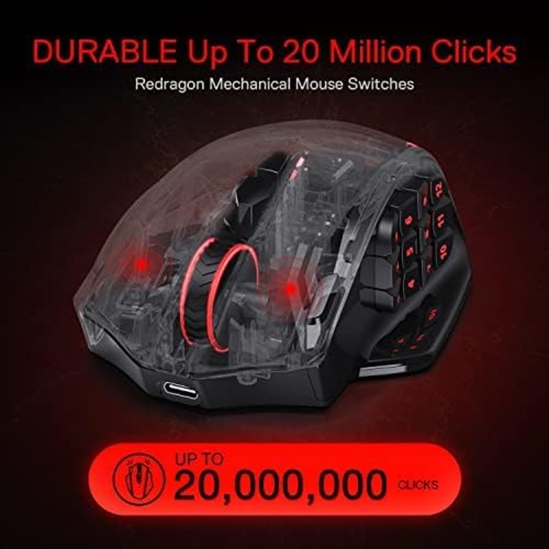 Redragon M913 Impact Elite vezeték nélküli gamer egér, 16000 DPI, 20 programozható gomb, 45 órás akkumulátor, RGB világítás, 12 oldalsó gomb